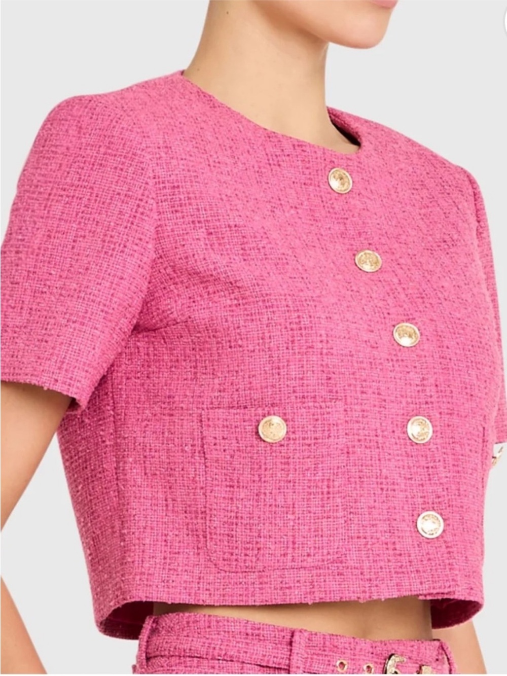 Amanda Uprichard Hot Pink Tweed Cropped Jacket with Gold Buttons